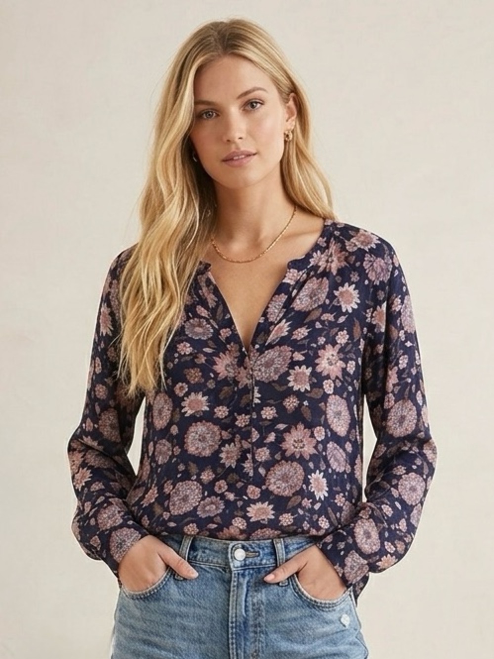 Lucky Brand Navy Blue Pink Floral Boho V Neck Popover Shirt/ Blouse Size Small